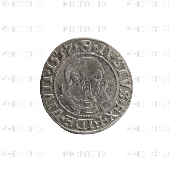 grosz, Vogelwaider (Vogelwaid), Eustachius, publisher, Decius, Jost Ludwik (fl. 1528-1535), R (rarity), eagles, Albrecht Hohenzollern (Prince of Prussia; 1490-1568) - iconography, male busts in armor, Hohenzollern (coat of arms). Obv. Prussian eagle, on its chest a crowned letter S. On the rim between the pearl borders an inscription beginning with a rosette ALBER*D*G*MAR*BRAN*. Rev. Male bust in armor, profile turned to the right, short hair, beard with sideburns. On the rim, between the pearl borders, an inscription beginning with the Hohenzollern coat of arms: *IVSTVS*EX*FIDE*VIVIT*I537*. 1537, Königsberg, Ducal Prussia (1525-1701). Coin: diameter 23.2 mm, weight 1.90 g, axis 180 degrees.