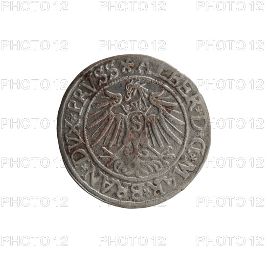 Grosz; Vogelwaider (Vogelwaid), Eustachius, publisher; Decius, Jost Ludwik (fl. 1528–1535). Obv.: Prussian eagle; on its chest a crowned letter S. On the rim between the pearl borders an inscription beginning with a rosette ALBER*D*G*MAR*BRAN*DVX*PRVSS. Rev.: Male bust in armor, profile turned to the right, short hair, beard with sideburns; on the rim, between the pearl borders, an inscription beginning with the Hohenzollern coat of arms: *IVSTVS*EX*FIDE*VIVIT*I537*. 1537, Königsberg, Ducal Prussia (1525–1701). Coin; diameter 23.7 mm; weight 1.92 g; axis 225°.