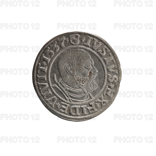 grosz; Vogelwaider (Vogelwaid), Eustachius, publisher; Decius, Jost Ludwik (fl. 1528–1535); R (rarity). Albrecht Hohenzollern (Prince of Prussia; 1490–1568) — iconography: male busts in armor, eagles, Hohenzollern coat of arms. Obv.: Prussian eagle, on its chest a crowned letter S; on the rim between pearl borders an inscription beginning with a rosette ALBER*D*G*MAR*BRAN*DVX*PRVSS. Rev.: male bust in armor, profile to the right, short hair, beard with sideburns; on the rim between pearl borders an inscription beginning with the Hohenzollern coat of arms: *IVSTVS*EX*FIDE*VIVIT*I537*. Date: 1537, Königsberg, Ducal Prussia (1525–1701). Object: coin; diameter 23.7 mm; weight 1.92 g; axis 225°.