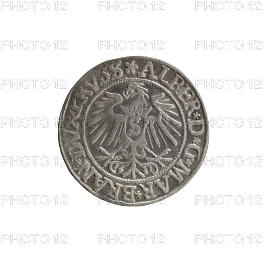 Decius Grosz; Jost Ludwik (fl. 1528–1535), engraver/publisher; Eustachius Vogelwaider; Jan Szymonski (1887–1954) — coin, 1537, Königsberg, Ducal Prussia (1525–1701). Obverse: crowned Prussian Eagle with on its breast a crowned letter S; along rim between pearly borders an inscription beginning with a rosette ALBER*D*G*MAR*BRAN*DVX*PRVSS. Reverse: male bust in armour, profile turned right, short hair, beard with sideburns; along rim between pearly borders an inscription beginning with the Hohenzollern coat of arms *IVSTVS*EX*FIDE*VIVIT*I537*. Diameter 23.3 mm; weight 2.10 g; axis 45°.