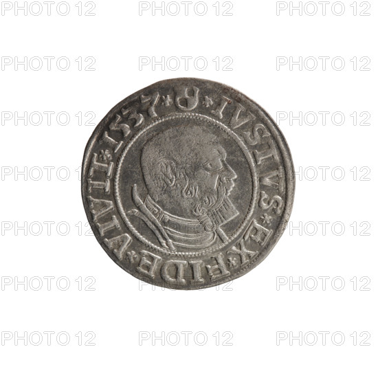 Decius Grosz; Jost Ludwik Decius (fl. 1528–1535), publisher Eustachius Vogelwaider (Vogelwaid); Jan Szymonski (1887–1954). 1537, Königsberg, Ducal Prussia. Silver coin, diameter 23.3 mm, weight 2.10 g, axis 45°. Obverse: Aw. Prussian Eagle bearing on its breast a crowned letter S; along the rim between pearly borders an inscription beginning with a rosette ALBER*D*G*MAR*BRAN*DVX*PRVSS. Reverse: male bust in armor, profile right, short hair, beard with sideburns; along the rim between pearly borders an inscription beginning with the Hohenzollern coat of arms *IVSTVS*EX*FIDE*VIVIT*I537*. Iconography: Hohenzollern coat of arms, eagles, male busts in armour.