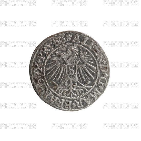 grosz, Decius, Jost Ludwik (fl. 1528-1535), Vogelwaider (Vogelwaid), Eustachius, publisher, R (rarity), Albrecht Hohenzollern (Prince of Prussia; 1490-1568) - iconography, Hohenzollern (coat of arms), male busts in armor, eagles. Obv. Prussian eagle, on its chest a crowned letter S. On the rim between the pearl borders an inscription beginning with a rosette ALBER*D*G*MAR*BRAN*DVX*PRVSS. Rv. Male bust in armor, profile turned to the right, short hair, beard with sideburns. On the rim, between the pearl borders, an inscription beginning with the Hohenzollern coat of arms: *IVSTVS*EX*FIDE*VIVIT*I537*. 1537, Königsberg, Ducal Prussia (1525-1701), coin; diameter 23.5 mm; weight 1.76 g; axis 300 degrees.