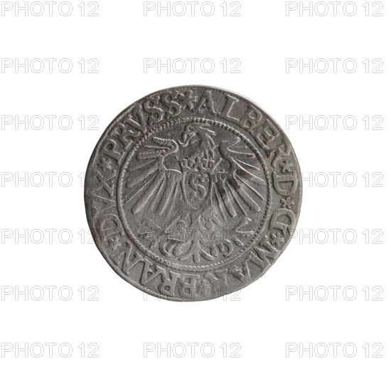 grosz; Vogelwaider (Vogelwaid), Eustachius, publisher; Decius, Jost Ludwik (fl. 1528–1535); R (rarity); eagles; Albrecht Hohenzollern (Prince of Prussia; 1490–1568) — iconography; male busts in armor; Hohenzollern coat of arms. Obverse: Prussian eagle, on its chest a crowned letter S; on the rim between the pearl borders an inscription beginning with a rosette ALBER*D*G*MA, BRAN*DVX*PRVSS. Reverse: male bust in armor, profile turned to the right, short hair, beard with sideburns; on the rim between the pearl borders an inscription beginning with the Hohenzollern coat of arms *IVSTVS*EX*FIDE*VIVIT* I537*. Date: 1537, Königsberg, Ducal Prussia (1525–1701). Coin; diameter 23.0 mm; weight 1.88 g; axis 300°.