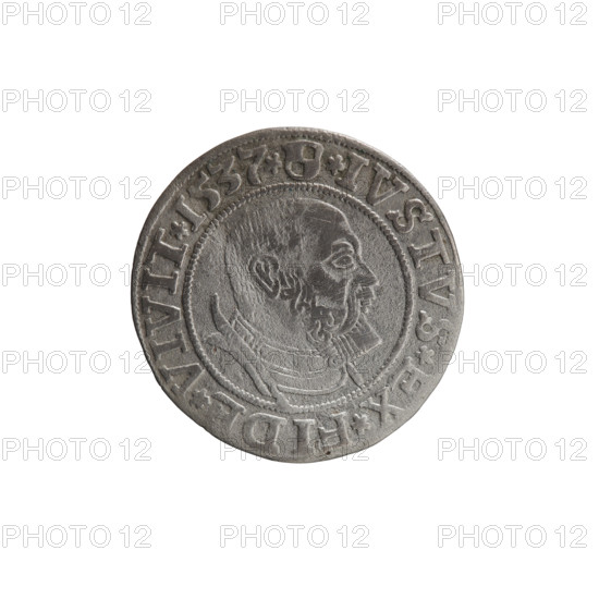 grosz, Vogelwaider (Vogelwaid), Eustachius, publisher, Decius, Jost Ludwik (fl. 1528-1535), R (rarity), eagles, Albrecht Hohenzollern (Prince of Prussia; 1490-1568) - iconography, male busts in armor, Hohenzollern (coat of arms). Obv. Prussian eagle, on its chest a crowned letter S. On the rim between the pearl borders an inscription beginning with a rosette ALBER*D*G*MA, BRAN*DVX*PRVSS. Rv. Male bust in armor, profile turned to the right, short hair, beard with sideburns. On the rim, between the pearl borders, an inscription beginning with the Hohenzollern coat of arms *IVSTVS*EX*FIDE*VIVIT*1537*. 1537, Königsberg, Ducal Prussia (1525-1701). Coin: diameter 23.0 mm, weight 1.88 g, axis 300 degrees.