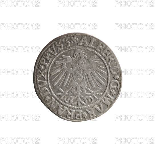 grosz; Vogelwaider (Vogelwaid), Eustachius, publisher; Decius, Jost Ludwik (fl. 1528–1535); R (rarity); Albrecht Hohenzollern (Prince of Prussia; 1490–1568) — iconography: eagles, Hohenzollern coat of arms, male busts in armor. Obverse: Prussian eagle with on its chest a crowned letter S; on the rim between the pearl borders an inscription beginning with a rosette ALBER*D*G*MAR*BRAN*DVX*PRVSS. Reverse: male bust in armor, profile to the right, short hair, beard with sideburns; on the rim between the pearl borders an inscription beginning with the Hohenzollern coat of arms: *IVSTVS*EX*FIDE*VIVIT*I537*. 1537. Ducal Prussia (1525–1701), Königsberg. Coin: diameter 23.5 mm, weight 1.92 g, axis 315°.