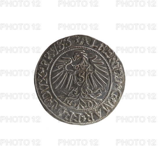 grosz, Vogelwaider (Vogelwaid), Eustachius, publisher, Decius, Jost Ludwik (fl. 1528-1535), R (rarity), Albrecht Hohenzollern (Prince of Prussia; 1490-1568) - iconography, eagles, Hohenzollern (coat of arms), male busts in armor. Obv. Prussian eagle, on its chest a crowned letter S. On the rim between the pearl borders an inscription beginning with a rosette ALBER*DD*G*MAR*BRAAN*DVX*PRVSS. Rv. Male bust in armor, profile turned to the right, short hair, beard with sideburns. On the rim, between the pearl borders, an inscription beginning with the Hohenzollern coat of arms: *IVSTVS*EX*FIDEVIVIT*I5377*, 1537, Ducal Prussia (1525-1701), Königsberg, coin: diameter 23.5 mm, weight 1.98 g, axis 315 degrees.