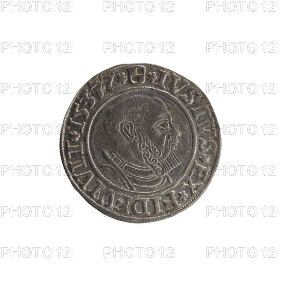 grosz; Vogelwaider (Vogelwaid), Eustachius, publisher; Decius, Jost Ludwik (fl. 1528–1535); R (rarity); Albrecht Hohenzollern (Prince of Prussia; 1490–1568) — iconography: eagles, Hohenzollern (coat of arms), male busts in armor. Obv.: Prussian eagle, on its chest a crowned letter S; on the rim between pearl borders an inscription beginning with a rosette ALBER*DD*G*MAR*BRAAN*DVX*PRVSS. Rev.: male bust in armor, profile turned to the right, short hair, beard with sideburns; on the rim between pearl borders an inscription beginning with the Hohenzollern coat of arms: *IVSTVS*EX*FIDEVIVIT*I5377*. 1537, Ducal Prussia (1525–1701), Königsberg. Coin: diameter 23.5 mm, weight 1.98 g, axis 315°.
