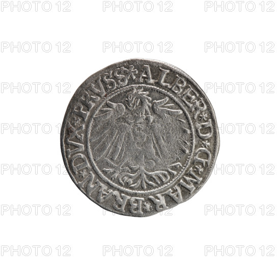 grosz; Vogelwaider (Vogelwaid), Eustachius, publisher; Decius, Jost Ludwik (fl. 1528-1535); eagles; Albrecht Hohenzollern (Prince of Prussia; 1490-1568) — iconography; Hohenzollern (coat of arms); male busts in armor. Obverse: Prussian eagle, on its chest a crowned letter S; on the rim between the pearl borders an inscription beginning with a rosette ALBER*D*G*MAR*BRAN*DVX*PRVSS. Reverse: male bust in armor, profile turned to the right, short hair, beard with sideburns; on the rim between the pearl borders an inscription beginning with the Hohenzollern coat of arms: *IVSTVS*EX*FIDE*VIVIT*I538*. Date: 1538. Place: Ducal Prussia (1525–1701), Königsberg. Coin: diameter 23.3 mm; weight 1.93 g; axis 315°.