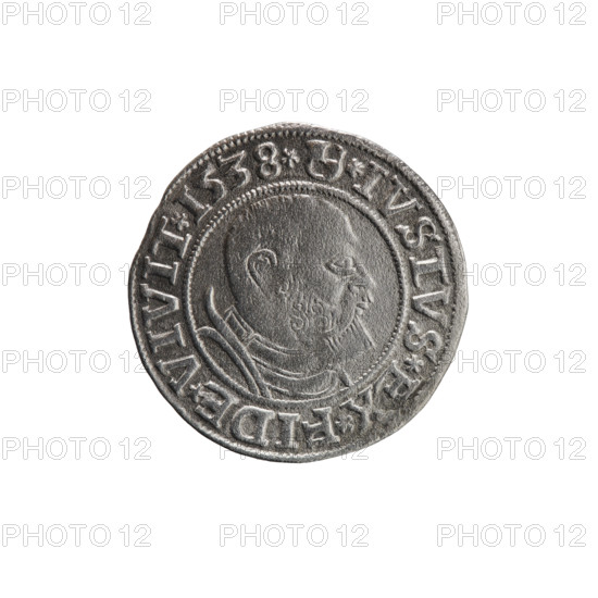 Artist: Grosz; Vogelwaider (Vogelwaid), Eustachius (publisher); Decius, Jost Ludwik (fl. 1528–1535). Coin, Ducal Prussia (1525–1701), Königsberg, 1538. Obverse: Prussian eagle; on its chest a crowned letter S; on rim between pearl borders an inscription beginning with a rosette ALBER*D*G*MAR*BRAN*DVX*PRVSS. Reverse: male bust in armor, profile turned to the right, short hair, beard with sideburns; on rim between pearl borders an inscription beginning with the Hohenzollern coat of arms: *IVSTVS*EX*FIDE*VIVIT*I538*. Iconography: Hohenzollern (coat of arms), eagles. Coin diameter 23.3 mm, weight 1.93 g, axis 315°.