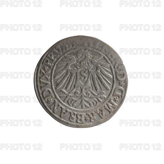 grosz; Vogelwaider (Vogelwaid), Eustachius, publisher; Decius, Jost Ludwik (fl. 1528–1535); Albrecht Hohenzollern (Prince of Prussia; 1490–1568). Iconography: eagles; Hohenzollern coat of arms; male busts in armor. Obverse: Prussian eagle with on its chest a crowned letter S; pearled border; rim inscription beginning with a rosette: A *MAR*BRAN*DVX*PRVSS. Reverse: male bust in armor, profile turned to the right, short hair, beard with sideburns; on the rim, between the pearl borders, an inscription beginning with the Hohenzollern coat of arms: *IVSTVS*EX*FIDE*VIVI, *I, *; 1538; Königsberg, Ducal Prussia (1525–1701). Coin: diameter 21.7 mm; weight 1.58 g; axis 30°.