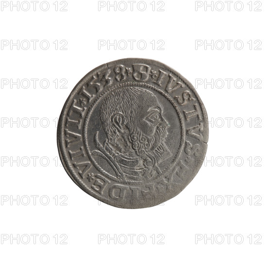 grosz; Vogelwaider (Vogelwaid), Eustachius, publisher; Decius, Jost Ludwik (fl. 1528-1535); Albrecht Hohenzollern (Prince of Prussia; 1490-1568). Iconography: eagles; Hohenzollern (coat of arms); male busts in armor. Obverse: Prussian eagle, on its chest a crowned letter S. Pearled border. In the rim an inscription beginning with a rosette A *MAR*BRAN*DVX*PRVSS*. Reverse: male bust in armor, profile turned right, short hair, beard with sideburns. On the rim, between pearl borders, an inscription beginning with the Hohenzollern coat of arms: *IVSTVS*EX*FIDE*VIVI*. Date: 1538, Königsberg, Ducal Prussia (1525–1701). Coin: diameter 21.7 mm, weight 1.58 g, axis 30°.