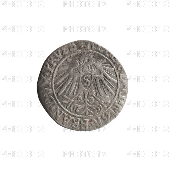 Publisher: Grosz; Vogelwaider (Vogelwaid), Eustachius. Maker: Decius, Jost Ludwik (fl. 1528–1535). Coin, Ducal Prussia (Königsberg), 1538. Obverse: Prussian eagle; on its chest a crowned letter S; rim between pearl borders an inscription beginning with a rosette ALBER*D*G*MAR*BRAN*. Reverse: male bust in armor, profile turned to the right, short hair, beard with sideburns; on the rim between the pearl borders an inscription beginning with the Hohenzollern coat of arms: *IVSTVS*EX*FIDE*VIV. Hohenzollern coat of arms; iconography of Albrecht Hohenzollern (1490–1568). Coin diameter 23.5 mm; weight 1.72 g; axis 135°.