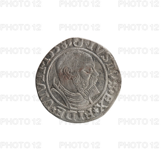 grosz; Vogelwaider (Vogelwaid), Eustachius, publisher; Decius, Jost Ludwik (fl. 1528–1535); eagles; Albrecht Hohenzollern (Prince of Prussia; 1490–1568) — iconography; Hohenzollern (coat of arms); male busts in armor. Obv.: Prussian eagle, on its chest a crowned letter S; on the rim between the pearl borders an inscription beginning with a rosette ALBER*D*G*MAR*BRAN*. Rv.: male bust in armor, profile turned to the right, short hair, beard with sideburns; on the rim, between the pearl borders, an inscription beginning with the Hohenzollern coat of arms: *IVSTVS*EX*FIDE*VIV, 38*, 1538. Königsberg, Ducal Prussia (1525–1701). Coin; diameter 23.5 mm; weight 1.72 g; axis 135°.