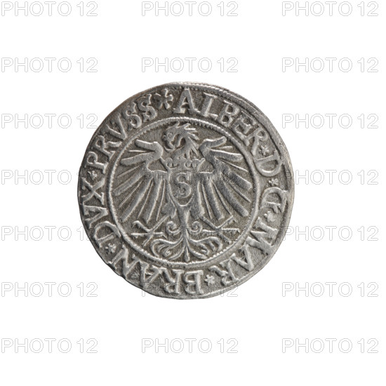 Grosz; Vogelwaider (Vogelwaid), Eustachius, publisher; Decius, Jost Ludwik (fl. 1528–1535); Albrecht Hohenzollern (Prince of Prussia; 1490–1568). Coin, 1538, Königsberg, Ducal Prussia (1525–1701). Obverse: Prussian eagle, on its chest a crowned letter S; on the rim between pearl borders an inscription beginning with a rosette: ALBER*D*G*MAR*BRAN*DVX*PRVSS. Reverse: male bust in armor, profile turned to the right, short hair, beard with sideburns; on the rim between pearl borders an inscription beginning with the Hohenzollern coat of arms: *IVSTVS*EX*FIDE*VIVIT*I538*. Diameter 23.3 mm; weight 1.70 g; axis 240°.