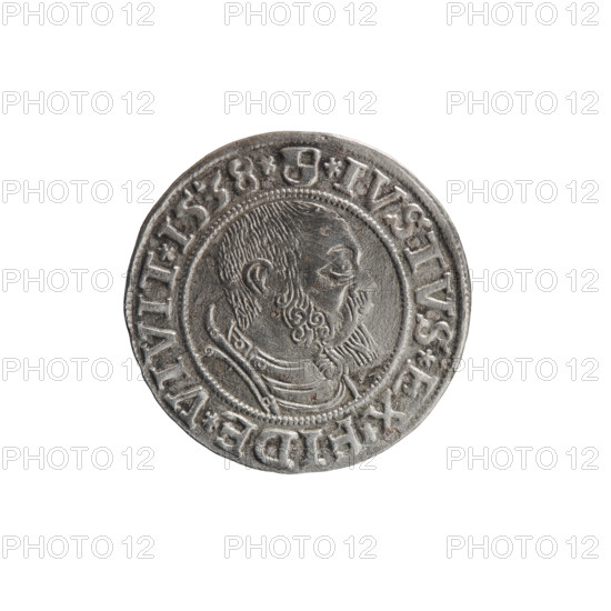 grosz; Vogelwaider (Vogelwaid), Eustachius, publisher; Decius, Jost Ludwik (fl. 1528–1535); Albrecht Hohenzollern (Prince of Prussia; 1490–1568). Iconography: eagles, male busts in armor, Hohenzollern coat of arms. Obverse: Prussian eagle, on its chest a crowned letter S; on the rim between the pearl borders an inscription beginning with a rosette ALBER*D*G*MAR*BRAN*DVX*PRVSS. Reverse: male bust in armor, profile turned to the right, short hair, beard with sideburns; on the rim, between the pearl borders, an inscription beginning with the Hohenzollern coat of arms: *IVSTVS*EX*FIDE*VIVIT*I538*. Date: 1538, Königsberg, Ducal Prussia (1525–1701). Object: coin; diameter 23.3 mm; weight 1.70 g; axis 240 degrees.