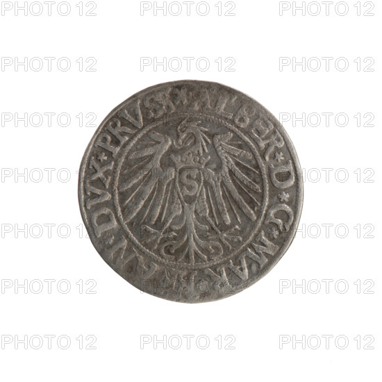 grosz; Vogelwaider (Vogelwaid), Eustachius, publisher; Decius, Jost Ludwik (fl. 1528-1535); eagles; Albrecht Hohenzollern (Prince of Prussia; 1490–1568) — iconography; treasure from the village of Wsola (numismatic); Hohenzollern coat of arms; rosettes; male bust in armor; obverse: Prussian Eagle with on its breast a crowned letter S; along the rim, between pearly borders, inscription beginning with a rosette ALBER*D*G*MAR*, AN*DVX*PRVSS; reverse: male bust in armor, profile right, short hair, beard with sideburns; along the rim, between pearly borders, Hohenzollern coat of arms shield and inscription *IVSTVS*EX*FIDE*VIVIT* I538*; date 1538; Königsberg, Ducal Prussia (1525–1701); coin; diameter 23.3 mm; weight 1.84 g; axis 225°