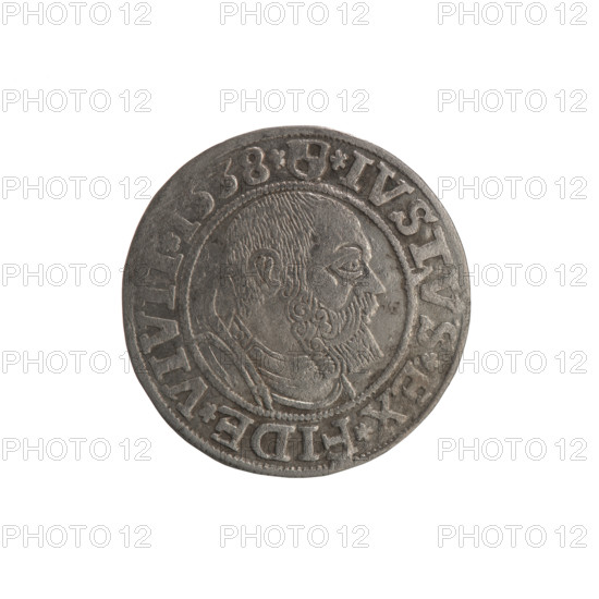 grosz; Vogelwaider (Vogelwaid), Eustachius, publisher; Decius, Jost Ludwik (fl. 1528–1535); eagles; Albrecht Hohenzollern (Prince of Prussia; 1490–1568) — iconography; treasure from the village of Wsola (numismatic); Hohenzollern (coat of arms); rosettes; male bust in armor; obverse: Prussian eagle with on its breast a crowned letter S; along the rim, between pearly borders, an inscription beginning with a rosette ALBER*D*G*MAR*, AN*DVX*PRVSS; reverse: male bust in armor, profile to right, short hair, beard with sideburns; along the rim, between pearly borders, inscription beginning with Hohenzollern coat of arms shield *IVSTVS*EX*FIDE*VIVIT*I538*; 1538, Königsberg, Ducal Prussia (1525–1701); coin: diameter 23.3 mm, weight 1.84 g, axis 225°.