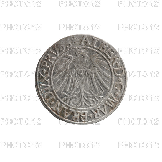 grosz; Vogelwaider (Vogelwaid), Eustachius, publisher; Decius, Jost Ludwik (fl. 1528–1535); Albrecht Hohenzollern (Prince of Prussia; 1490–1568). Obverse: Prussian eagle, on its chest a crowned letter S; on the rim between pearl borders an inscription beginning with a rosette: ALBER*D*G*MAR*BRAN*DVX*PRVSS. Reverse: male bust in armor, profile turned to the right, short hair, beard with sideburns; on the rim between pearl borders an inscription beginning with the Hohenzollern coat of arms: *IVSTVS*EX*FIDE*VIVIT*I538*. Date: 1538. Region: Ducal Prussia (1525–1701), Königsberg. Coin: diameter 23.3 mm, weight 1.99 g, axis 135°.