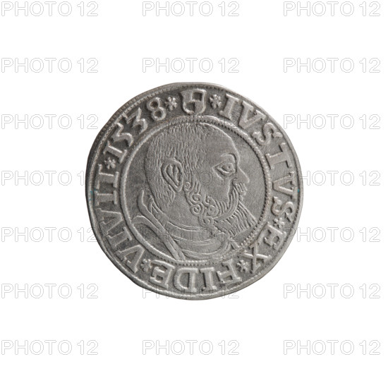 Obverse: Prussian eagle; on its chest a crowned letter S. On the rim between the pearl borders an inscription beginning with a rosette: ALBER*D*G*MAR*BRAN*DVX*PRVSS. Reverse: Male bust in armor, profile turned to the right, short hair, beard with sideburns; on the rim between the pearl borders an inscription beginning with the Hohenzollern coat of arms: *IVSTVS*EX*FIDE*VIVIT*I538*. Maker/publisher: grosz; Vogelwaider (Vogelwaid), Eustachius; Decius, Jost Ludwik (fl. 1528–1535). Subject: Albrecht Hohenzollern (Prince of Prussia; 1490–1568). Date: 1538. Place/issuance: Ducal Prussia (1525–1701), Königsberg. Coin: diameter 23.3 mm, weight 1.99 g, axis 135°.