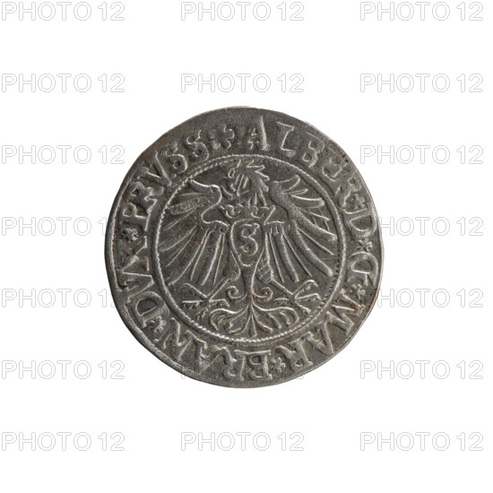 Maker: Grosz; Vogelwaider (Vogelwaid), Eustachius; publisher: Decius; engraver: Jost Ludwik (fl. 1528–1535). 1538. Ducal Prussia (1525–1701), Königsberg. Coin, silver; diameter 23.4 mm, weight 1.89 g, axis 90°. Obverse: Prussian eagle, on its chest a crowned letter S; on rim between pearl borders an inscription beginning with a rosette: 'ALBER*D*G*MAR*BRAN*DVX*PRVSS'. Reverse: male bust in armor, profile to the right, short hair, beard with sideburns; on rim between pearl borders an inscription beginning with the Hohenzollern coat of arms: 'IVSTVS*EX*FIDE*VIVIT*1538'. Iconography: Albrecht Hohenzollern (Prince of Prussia; 1490–1568) — Hohenzollern coat of arms, eagles, male busts in armor.