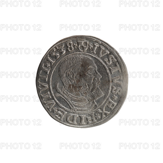 grosz, Vogelwaider (Vogelwaid), Eustachius, publisher, Decius, Jost Ludwik (fl. 1528-1535), Albrecht Hohenzollern (Prince of Prussia; 1490-1568) - iconography, eagles, Hohenzollern (coat of arms), male busts in armor. Obv. Prussian eagle, on its chest a crowned letter S. On the rim between the pearl borders an inscription beginning with a rosette, BER*D*G*MAR*BRAN*DVX*PRVSS. Rv. Male bust in armor, profile turned to the right, short hair, beard with sideburns. On the rim, between the pearl borders, an inscription beginning with the Hohenzollern coat of arms: *IVSTVS*EX*FIDE*VIVIT*I538*. 1538. Ducal Prussia (1525–1701), Königsberg. Coin: diameter 23.6 mm, weight 1.91 g, axis 270°.