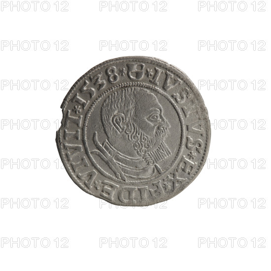 grosz, Vogelwaider (Vogelwaid), Eustachius, publisher, Decius, Jost Ludwik (fl. 1528-1535), Albrecht Hohenzollern (Prince of Prussia; 1490-1568) - iconography, eagles, Hohenzollern (coat of arms), male busts in armor. Obverse: Prussian eagle, on its chest a crowned letter S. On the rim between the pearl borders an inscription beginning with a rosette ALBER*D*G*MAR*BRAN*DVX*PRVSS. Reverse: Male bust in armor, profile turned to the right, short hair, beard with sideburns. On the rim, between the pearl borders, an inscription beginning with the Hohenzollern coat of arms: *IVSTVS*EX*FIDE*VIVIT*I538*. 1538, Ducal Prussia (1525–1701), Königsberg. Coin: diameter 23.5 mm, weight 1.82 g, axis 350°.