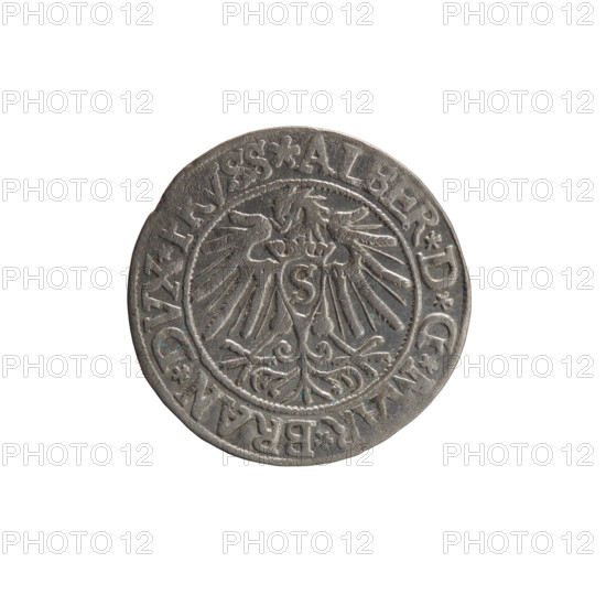 Obverse: Prussian eagle; on its chest a crowned letter S. On the rim between pearl borders an inscription beginning with a rosette ALBER*D*G*MAR*BRAN*DVX*. Reverse: male bust in armor, profile right, short hair, beard with sideburns. On the rim between pearl borders an inscription beginning with the Hohenzollern coat of arms: *IVSTVS*EX*FIDE*VIVIT*I538*. Maker/publisher: grosz, Vogelwaider (Vogelwaid), Eustachius; Decius, Jost Ludwik (fl. 1528–1535). Iconography: eagles; Albrecht Hohenzollern (Prince of Prussia; 1490–1568) — Hohenzollern coat of arms. Date: 1538. Place: Ducal Prussia, Königsberg. Object: coin; diameter 23.2 mm; weight 1.98 g; axis 270°.