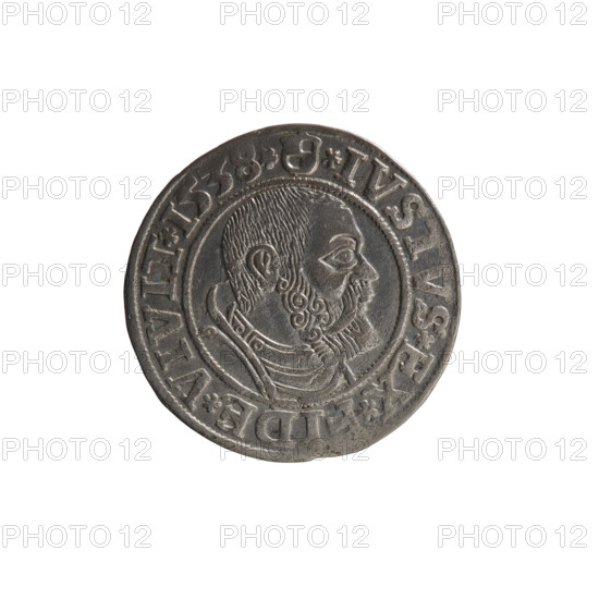 Obverse: Prussian eagle; on its chest a crowned letter S. On the rim between the pearl borders an inscription beginning with a rosette ALBER*D*G*MAR*BRAN*DVX*. Reverse: male bust in armor, profile turned to the right, short hair, beard with sideburns. On the rim, between the pearl borders, an inscription beginning with the Hohenzollern coat of arms: *IVSTVS*EX*FIDE*VIVIT*I538*. Maker: Decius, Jost Ludwik (fl. 1528–1535); publisher: Eustachius Vogelwaider (Vogelwaid); engraver: Grosz. Date: 1538. Place: Ducal Prussia, Königsberg. Type: coin. Material/details: diameter 23.2 mm; weight 1.98 g; axis 270°. Iconography: Albrecht Hohenzollern (Prince of Prussia; 1490–1568) — Hohenzollern coat of arms, eagles, male busts in armor.