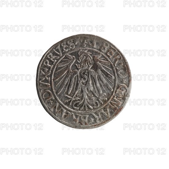 Grosz; Vogelwaider (Vogelwaid), Eustachius, publisher; Decius, Jost Ludwik (fl. 1528–1535); Albrecht Hohenzollern (Prince of Prussia; 1490–1568). Coin, Ducal Prussia (1525–1701), Königsberg, 1538. Obverse: Prussian eagle, on its chest a crowned letter S; on the rim between pearl borders an inscription beginning with a rosette, *D*G*MAR*BRAN*DVX*PRVSS*. Reverse: male bust in armor, profile turned to the right, short hair, beard with sideburns; on the rim between the pearl borders an inscription beginning with the Hohenzollern coat of arms: *IVSTVS*EX*FIDE*VIVIT*I538*. Iconography: eagles, male busts in armor, Hohenzollern (coat of arms). Coin diameter 23.4 mm, weight 1.84 g, axis 90°.