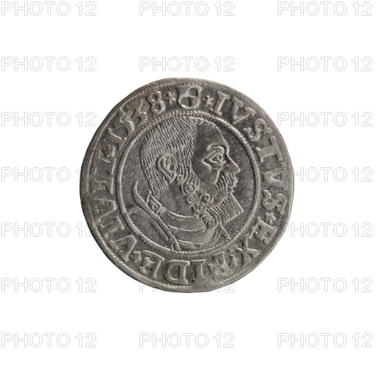 grosz; Vogelwaider (Vogelwaid), Eustachius, publisher; Decius, Jost Ludwik (fl. 1528–1535); Albrecht Hohenzollern (Prince of Prussia; 1490–1568). Iconography: eagles, male busts in armor, Hohenzollern coat of arms. Obverse: Prussian eagle with on its chest a crowned letter S; on the rim between the pearl borders an inscription beginning with a rosette: *D*G*MAR*BRAN*DVX*PRVSS*. Reverse: male bust in armor, profile turned right, short hair, beard with sideburns; on the rim between the pearl borders an inscription beginning with the Hohenzollern coat of arms: *IVSTVS*EX*FIDE*VIVIT*I538* (1538). Ducal Prussia (1525–1701), Königsberg. Coin: diameter 23.4 mm, weight 1.84 g, axis 90°.