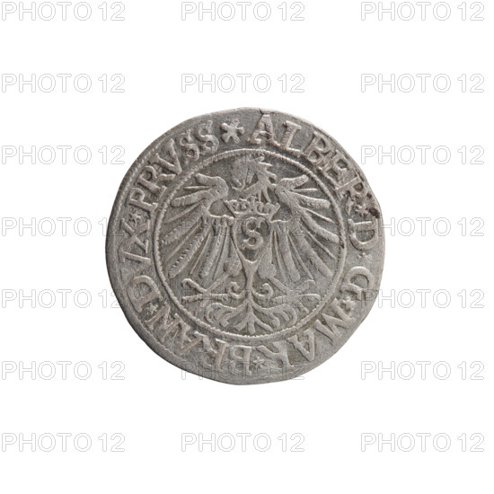 Maker: grosz; Vogelwaider (Vogelwaid), Eustachius, publisher; Decius, Jost Ludwik (fl. 1528–1535). Subject/iconography: Albrecht Hohenzollern (Prince of Prussia; 1490–1568) — iconography includes eagles, male busts in armor, Hohenzollern coat of arms. Obverse: Prussian eagle, on its chest a crowned letter S; on the rim between the pearl borders an inscription beginning with a rosette ALBER*D*G*MAR*BRAN*DVX*PRVSS. Reverse: Male bust in armor, profile turned to the right, short hair, beard with sideburns; on the rim between the pearl borders an inscription beginning with the Hohenzollern coat of arms *IVSTVS*EX*FIDE*VIVIT*I538*; date 1538. Place/issue: Ducal Prussia (1525–1701), Königsberg. Object: coin; diameter 23.2 mm; weight 1.87 g; axis 190°.