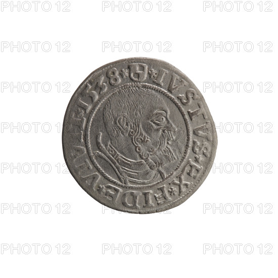 grosz, Vogelwaider (Vogelwaid), Eustachius, publisher, Decius, Jost Ludwik (fl. 1528-1535); eagles; Albrecht Hohenzollern (Prince of Prussia; 1490-1568) - iconography; Hohenzollern (coat of arms); male busts in armor. Obv.: Prussian eagle, on its chest a crowned letter S; on the rim between the pearl borders an inscription beginning with a rosette, *D*G*MAR*BRAN*DVX*P. Rev.: Male bust in armor, profile turned to the right, short hair, beard with sideburns; on the rim, between the pearl borders, an inscription beginning with the Hohenzollern coat of arms *IVSTV, DE*VIVIT*I538*. 1538; Ducal Prussia (1525–1701), Königsberg; coin, diameter 23.6 mm, weight 1.86 g, axis 225°.