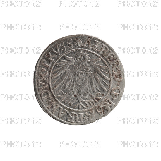grosz; Vogelwaider (Vogelwaid), Eustachius, publisher; Decius, Jost Ludwik (fl. 1528–1535); eagles; Albrecht Hohenzollern (Prince of Prussia; 1490–1568) - iconography; Hohenzollern (coat of arms); male busts in armor. Obv.: Prussian eagle, on its chest a crowned letter S. On the rim between the pearl borders an inscription beginning with a rosette ALBER*D*G*MAR*BRAN*DVX*PRVSS. Rev.: male bust in armor, profile to right, short hair, beard with sideburns; on the rim between the pearl borders an inscription beginning with the Hohenzollern coat of arms *IVSTVS*EX*FIDE*VIVIT* I538*. 1538. Ducal Prussia (1525–1701), Königsberg. Coin: diameter 23.2 mm; weight 1.77 g; axis 70°.