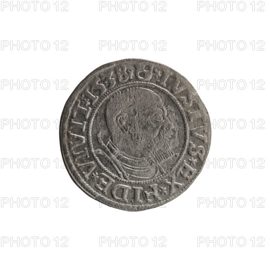 grosz; Vogelwaider (Vogelwaid), Eustachius, publisher; Decius, Jost Ludwik (fl. 1528–1535); eagles; Albrecht Hohenzollern (Prince of Prussia; 1490–1568) — iconography; Hohenzollern (coat of arms); male busts in armor. Obv.: Prussian eagle, on its chest a crowned letter S; on the rim between the pearl borders an inscription beginning with a rosette ALBER*D*G*MAR*BRAN*DVX*PRVSS. Rev.: male bust in armor, profile to right, short hair, beard with sideburns; on the rim between the pearl borders an inscription beginning with the Hohenzollern coat of arms *IVSTVS*EX*FIDE*VIVIT*1538*. Date: 1538. Place: Ducal Prussia (1525–1701), Königsberg. Object: coin (grosz); diameter 23.2 mm; weight 1.77 g; axis 70°.