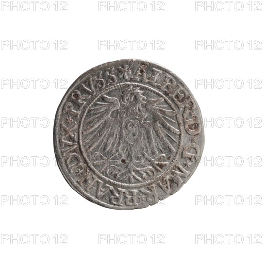 grosz, Vogelwaider (Vogelwaid), Eustachius, publisher, Decius, Jost Ludwik (fl. 1528-1535), eagles, Albrecht Hohenzollern (Prince of Prussia; 1490-1568) - iconography, Hohenzollern (coat of arms), male busts in armor, Obv. Prussian eagle, on its chest a crowned letter S. On the rim between the pearl borders an inscription beginning with a rosette ALBER*D*G*MAR*BRAN*DVX*PRVSS. Rw. Male bust in armor, profile turned to the right, short hair, beard with sideburns. On the rim, between the pearl borders, an inscription beginning with the Hohenzollern coat of arms: *IVSTVS*EX*FIDE*VIVIT*I538*. 1538. Ducal Prussia (1525-1701), Königsberg. Coin: diameter 23.6 mm, weight 1.81 g, axis 135 degrees.