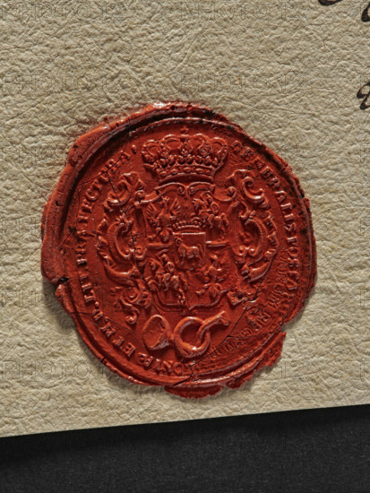 Oval wax impression of the seal of the General Post Office. Crowned shield alternating with the Eagle and the Pogon, richly decorated. In the heart field, a crowned shield with the Ciolek coat of arms. Below, a signal trumpet. Around the rim, the inscription: GENERALIS POSTA, ONIAE ET MD PRAEFECTURA. Document prepared pro memoria by the General Post Office of His Royal Majesty to the Crown Treasury Commission. 1771, Poland., A close-up of a round red wax seal pressed onto textured beige paper, the seal showing an ornate embossed design with a crowned crest and decorative flourishes, with visible cracks and irregular edges where the wax meets the paper; the surrounding paper is beige with a fibrous, slightly wrinkled texture and a strip of dark gray or black paper visible along the bottom edge.