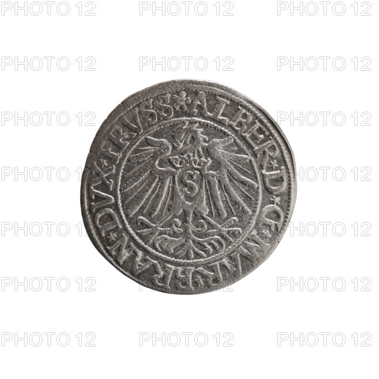 Obverse: Prussian eagle; on its chest a crowned letter S. On the rim between the pearl borders an inscription beginning with a rosette: ALBER*D*G*MAR*BRAN*DVX*PRVSS. Reverse: male bust in armor, profile turned to the right, short hair, beard with sideburns; on the rim between the pearl borders an inscription beginning with the Hohenzollern coat of arms: *IVSTVS*EX*FIDE*VIVIT*I538*. Maker/publisher: Grosz; Vogelwaider (Vogelwaid), Eustachius, publisher; Decius, Jost Ludwik (fl. 1528–1535). Subject/figures: Albrecht Hohenzollern (Prince of Prussia; 1490–1568). Date: 1538. Place/authority: Ducal Prussia (1525–1701), Königsberg. Type/material: coin. Diameter: 23.8 mm. Weight: 1.89 g. Axis: 135°. Iconography: Hohenzollern coat of arms, eagles, male busts in armor.