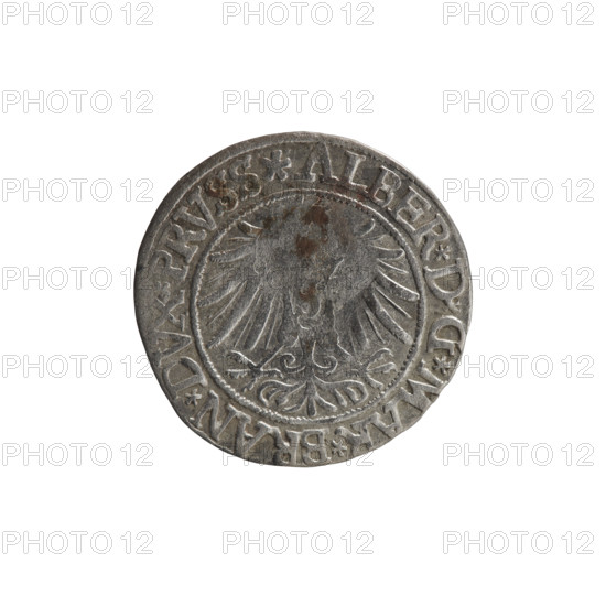 grosz; Vogelwaider (Vogelwaid), Eustachius, publisher; Decius, Jost Ludwik (fl. 1528–1535); Albrecht Hohenzollern (Prince of Prussia; 1490–1568). Iconography: eagles, Hohenzollern coat of arms, male busts in armor. Obverse: Prussian eagle, on its chest a crowned letter S; on the rim between the pearl borders an inscription beginning with a rosette ALBER*D*G*MAR*BRAN*DVX*PRVSS. Reverse: male bust in armor, profile turned to the right, short hair, beard with sideburns; on the rim, between the pearl borders, an inscription beginning with the Hohenzollern coat of arms *IVSTVS*EX*FIDE*VIVIT* I538*. 1538. Ducal Prussia (1525–1701), Königsberg. Coin: diameter 22.9 mm, weight 1.95 g, axis 350°.