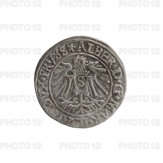 Grosz, Decius; Jost Ludwik (fl. 1528–1535); Vogelwaider (Vogelwaid), publisher; Eustachius. Coin (Ducal Prussia, Königsberg), 1538. Obverse: Prussian eagle, on its chest a crowned letter S; rim between pearl borders with inscription beginning with a rosette ALBER*D*G*MAR*, AN*DVX*PRVSS. Reverse: male bust in armor, profile to right, short hair, beard with sideburns; Hohenzollern coat of arms on rim and inscription beginning with *IVSTVS*EX*FIDE*VIVIT*I538*. Iconography: Albrecht Hohenzollern (Prince of Prussia; 1490–1568). Coin diameter 23.4 mm, weight 1.93 g, axis 100°.