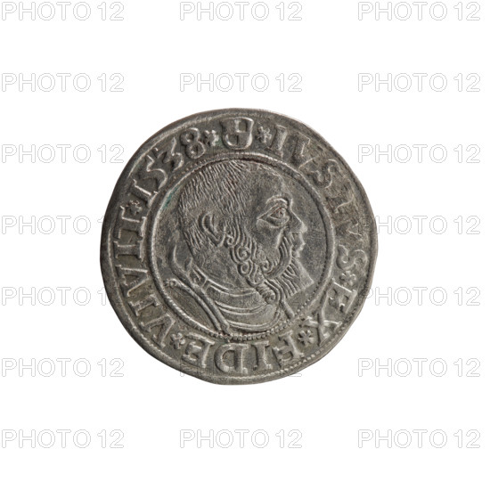 grosz, Decius, Jost Ludwik (fl. 1528-1535), Vogelwaider (Vogelwaid), Eustachius, publisher; eagles; Albrecht Hohenzollern (Prince of Prussia; 1490-1568) — iconography; male busts in armor; Hohenzollern (coat of arms). Obverse: Prussian eagle, on its chest a crowned letter S. On the rim between the pearl borders an inscription beginning with a rosette ALBER*D*G*MAR*, AN*DVX*PRVSS. Reverse: male bust in armor, profile turned to the right, short hair, beard with sideburns. On the rim, between the pearl borders, an inscription beginning with the Hohenzollern coat of arms *IVSTVS*EX*FIDE*VIVIT* I538*. Date: 1538. Place: Ducal Prussia (1525–1701), Königsberg. Coin: diameter 23.4 mm, weight 1.93 g, axis 100 degrees.