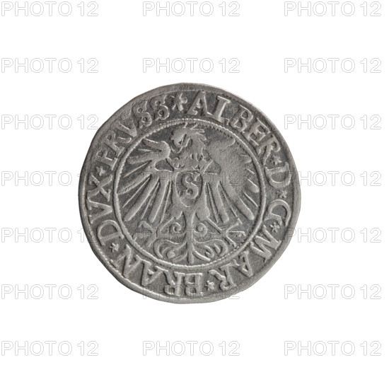 grosz; Vogelwaider (Vogelwaid), Eustachius, publisher; Decius, Jost Ludwik (fl. 1528–1535); Albrecht Hohenzollern (Prince of Prussia; 1490–1568) — iconography: eagles, Hohenzollern (coat of arms), male busts in armor. Obv.: Prussian eagle, on its chest a crowned letter S; on the rim between pearl borders an inscription beginning with a rosette ALBER*D*G*MAR*BRAN*DVX*PRVSS. Rev.: male bust in armor, profile turned right, short hair, beard with sideburns; on the rim between pearl borders an inscription beginning with the Hohenzollern coat of arms: *IVSTVS*EX*FIDE*VIVIT*I538*. Date: 1538. Place: Ducal Prussia (1525–1701), Königsberg. Object: coin, diameter 23.3 mm, weight 1.63 g, axis 270°.