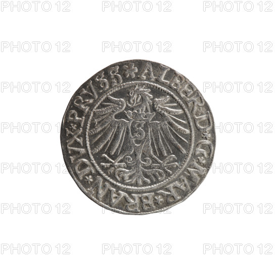 grosz; Vogelwaider (Vogelwaid), Eustachius, publisher; Decius, Jost Ludwik (fl. 1528-1535); eagles; Hohenzollern (coat of arms); male busts in armor; Albrecht Hohenzollern (Prince of Prussia; 1490–1568) — iconography. Obverse: Prussian eagle, on its chest a crowned letter S; on the rim between the pearl borders an inscription beginning with a rosette ALBER*D*G*MAR*BRAN*DVX*PRVSS. Reverse: male bust in armor, profile turned to the right, short hair, beard with sideburns; on the rim between the pearl borders an inscription beginning with the Hohenzollern coat of arms: *IVSTVS*EX*FIDE*VIVIT*I538*. Date: 1538. Place: Ducal Prussia (1525–1701), Königsberg. Object: coin (grosz); diameter 22.9 mm; weight 2.03 g; axis 240°.
