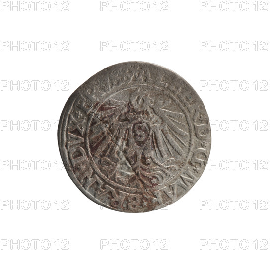 grosz; Vogelwaider (Vogelwaid), Eustachius, publisher; Decius, Jost Ludwik (fl. 1528–1535); eagles; Albrecht Hohenzollern (Prince of Prussia; 1490–1568) — iconography; Hohenzollern (coat of arms); male busts in armor. Obv.: Prussian eagle, on its chest a crowned letter S; on the rim between the pearl borders an inscription beginning with a rosette: R*D*G*MA, R,*DVX*PR. Rev.: male bust in armor, profile turned to the right, short hair, beard with sideburns; on the rim between the pearl borders an inscription beginning with the Hohenzollern coat of arms: *IVS, X*FID, VIVIT*I538*; date: 1538. Ducal Prussia (1525–1701), Königsberg. Coin; diameter 23.2 mm; weight 1.75 g; axis 280°.