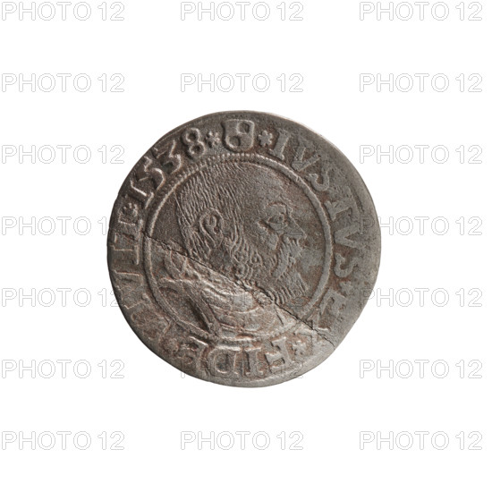 Grosz, Vogelwaider (Vogelwaid), Eustachius, publisher, Decius, Jost Ludwik (fl. 1528–1535). Obverse: Prussian eagle, on its chest a crowned letter S; on the rim between the pearl borders an inscription beginning with a rosette, R*D*G*MA, R, *DVX*PR. Reverse: male bust in armor, profile turned to the right, short hair, beard with sideburns; on the rim between the pearl borders an inscription beginning with the Hohenzollern coat of arms: *IVS, X*FID, VIVIT*I538*; dated 1538. Hohenzollern (coat of arms); Albrecht Hohenzollern (Prince of Prussia; 1490–1568) — iconography. Ducal Prussia (1525–1701), Königsberg. Coin: diameter 23.2 mm, weight 1.75 g, axis 280°.