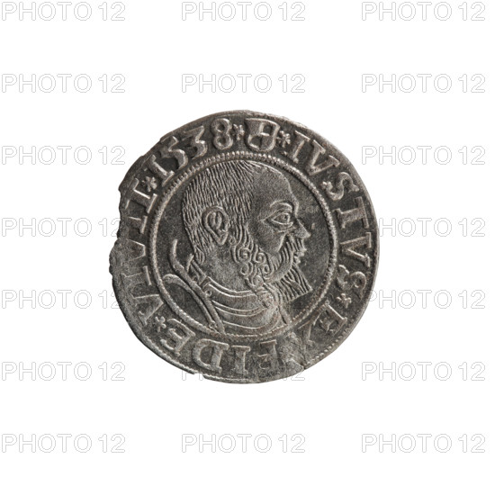 grosz, Vogelwaider (Vogelwaid), Eustachius, publisher, Decius, Jost Ludwik (fl. 1528-1535), Albrecht Hohenzollern (Prince of Prussia; 1490-1568) - iconography, eagles, Hohenzollern (coat of arms), male busts in armor. Obv. Prussian eagle, on its chest a crowned letter S. On the rim between the pearl borders an inscription beginning with a rosette ALBER*D*G*, AR*BRAN*DVX*PRVSS. Rv. Male bust in armor, profile turned to the right, short hair, beard with sideburns. On the rim, between the pearl borders, an inscription beginning with the Hohenzollern coat of arms: *IVSTVS*EX*FIDE*VIVIT* I538*. 1538, Ducal Prussia (1525–1701), Königsberg; coin: diameter 22.9 mm, weight 1.92 g, axis 315°.
