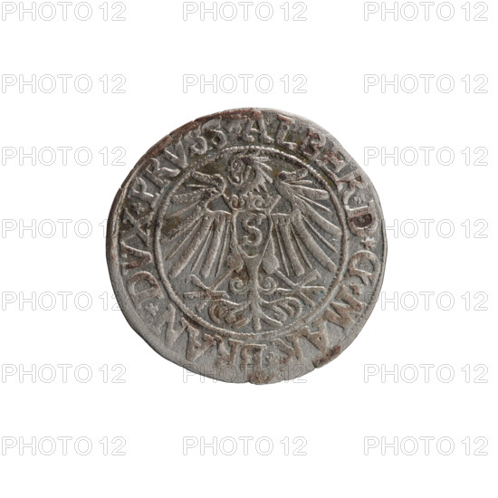 grosz; Vogelwaider (Vogelwaid), Eustachius, publisher; Decius, Jost Ludwik (fl. 1528–1535); eagles; Albrecht Hohenzollern (Prince of Prussia; 1490–1568) - iconography; Hohenzollern (coat of arms); male busts in armor. Obverse: Prussian eagle, on its chest a crowned letter S; on the rim between the pearl borders an inscription beginning with a rosette ALBER*D*G*MAR*BRAN*DVX*PRVSS. Reverse: male bust in armor, profile turned to the right, short hair, beard with sideburns; on the rim between the pearl borders an inscription beginning with the Hohenzollern coat of arms *IVSTVS*EX*FIDE*VIVIT* I538*. Date: 1538. Place: Ducal Prussia (1525–1701), Königsberg. Coin: diameter 23.0 mm, weight 1.79 g, axis 315°.