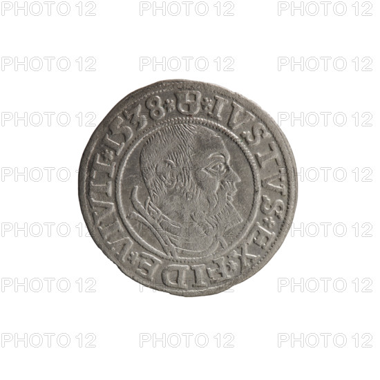 grosz; Vogelwaider (Vogelwaid), Eustachius, publisher; Decius, Jost Ludwik (fl. 1528–1535); Albrecht Hohenzollern (Prince of Prussia; 1490–1568). Obverse: Prussian eagle, on its chest a crowned letter S; on the rim between the pearl borders an inscription beginning with a rosette ALBER*D*G*MAR*BRAN*DVX*PRVSS. Reverse: male bust in armor, profile turned to the right, short hair, beard with sideburns; on the rim between the pearl borders an inscription beginning with the Hohenzollern coat of arms: *IVSTVS*EX*FIDE*VIVIT*I538*. Date: 1538. Issue: Ducal Prussia (1525–1701), Königsberg. Coin: diameter 23.7 mm, weight 1.73 g, axis 315°.