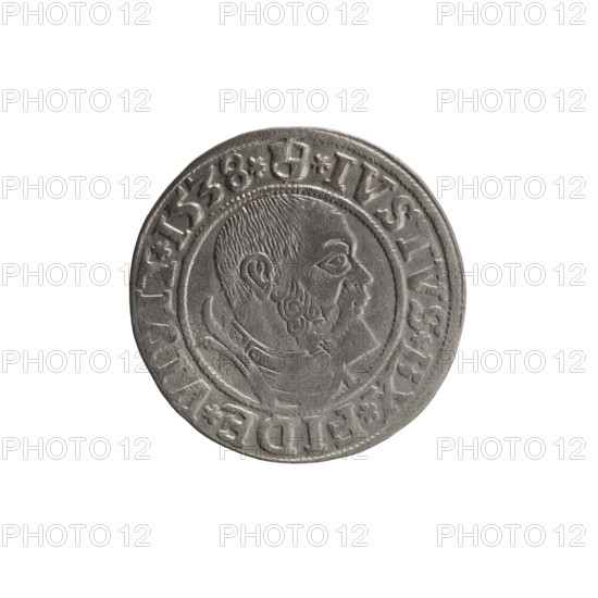 grosz, Decius, Jost Ludwik (fl. 1528–1535), Vogelwaider (Vogelwaid), Eustachius, publisher; subject: eagles, Albrecht Hohenzollern (Prince of Prussia; 1490–1568) — iconography; male busts in armor; Hohenzollern coat of arms. Obverse: Prussian eagle, on its chest a crowned letter S; on the rim between the pearl borders an inscription beginning with a rosette ALBER*D*G*MAR*BRAN*DVX*PRVSS. Reverse: male bust in armor, profile turned to the right, short hair, beard with sideburns; on the rim, between the pearl borders, an inscription beginning with the Hohenzollern coat of arms: *IVSTVS*EX*FIDE*VIVIT*I538*. Date: 1538. Place: Ducal Prussia (1525–1701), Königsberg. Object: coin; diameter 23.3 mm; weight 1.83 g; axis 170°.