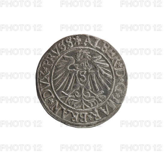 obverse: Prussian eagle, on its chest a crowned letter S; on the rim between the pearl borders an inscription beginning with a rosette ALBER*D*G*MAR*BRAN*DVX*PRVSS. reverse: male bust in armor, profile right, short hair, beard with sideburns; on the rim, between the pearl borders, an inscription beginning with the Hohenzollern coat of arms *IVSTVS*EX*FIDE*VIVIT*I538*. Maker: grosz; Vogelwaider (Vogelwaid), Eustachius, publisher; Decius, Jost Ludwik (fl. 1528–1535). Date: 1538. Place/style: Ducal Prussia (1525–1701), Königsberg. Object: coin; diameter 23.4 mm; weight 1.98 g; axis 45°. Subjects/icons: eagles, Hohenzollern (coat of arms), Albrecht Hohenzollern (Prince of Prussia; 1490–1568) — iconography, male busts in armor.