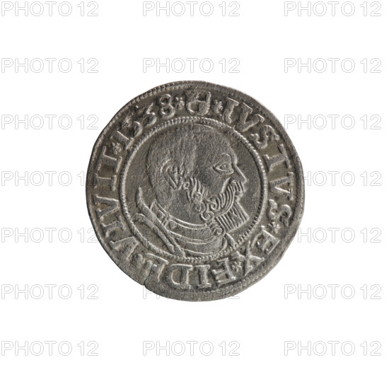grosz; Vogelwaider (Vogelwaid), Eustachius, publisher; Decius, Jost Ludwik (fl. 1528–1535); eagles; Albrecht Hohenzollern (Prince of Prussia; 1490–1568) — iconography; Hohenzollern (coat of arms); male busts in armor. Obv.: Prussian eagle; on its chest a crowned letter S. On the rim between the pearl borders an inscription beginning with a rosette ALBER*D*G*MAR*BRAN*DVX*PRVSS. Rev.: Male bust in armor, profile turned to the right, short hair, beard with sideburns. On the rim, between the pearl borders, an inscription beginning with the Hohenzollern coat of arms *IVSTVS*EX*FIDE*VIVIT* I538*. Date: 1538. Place/function: Ducal Prussia (1525–1701), Königsberg; coin. Dimensions: diameter 23.4 mm, weight 1.98 g, axis 45°.
